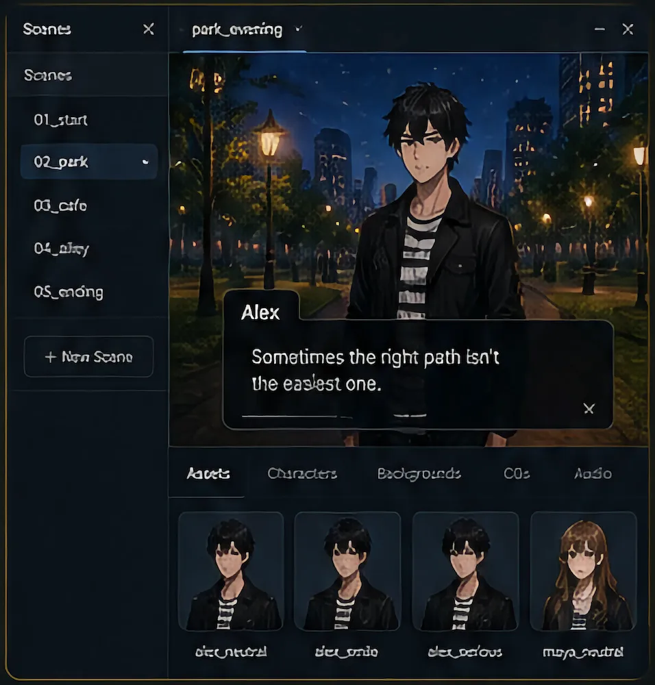 Scene editor and asset library in Novella Forge.