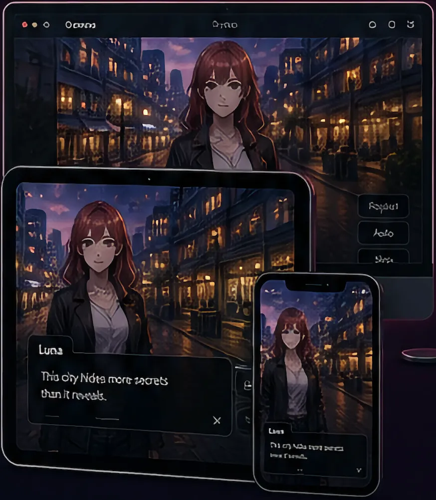 Exported visual novel running on desktop, tablet and phone.