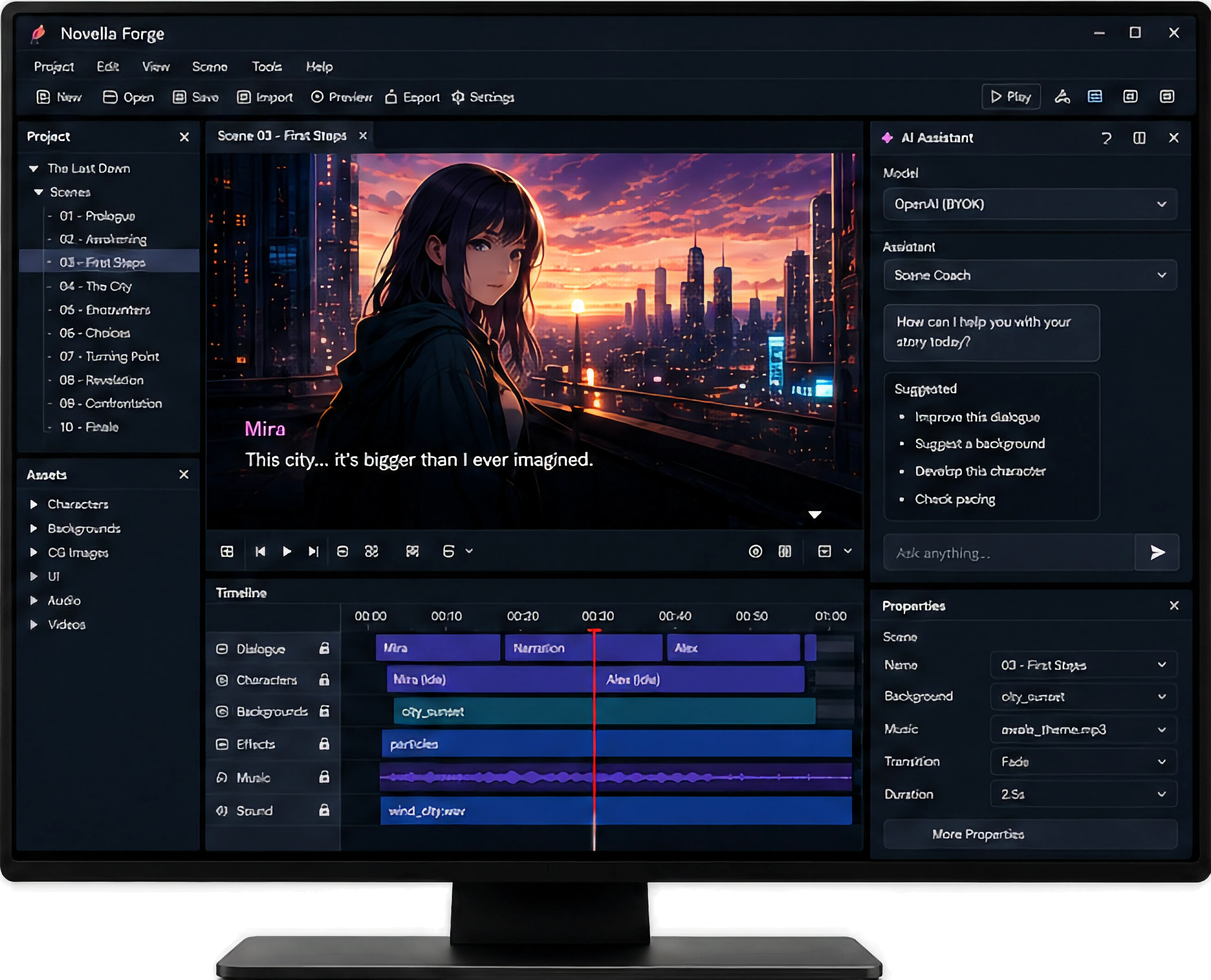Novella Forge creator studio on a desktop monitor.